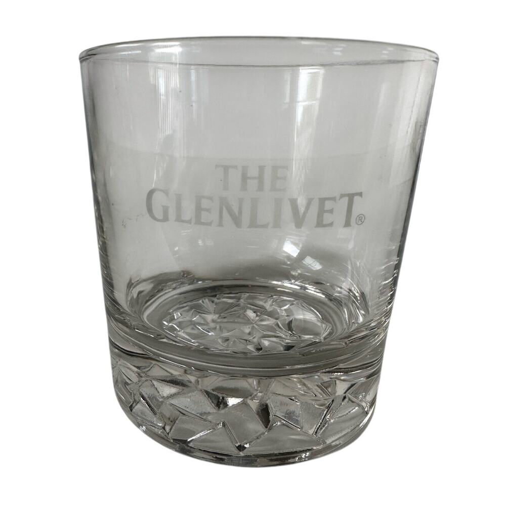 Set/2 The Glenlivet Scotch Whisky Rocks Glass Raised Cut Base Etched 10 oz Heavy